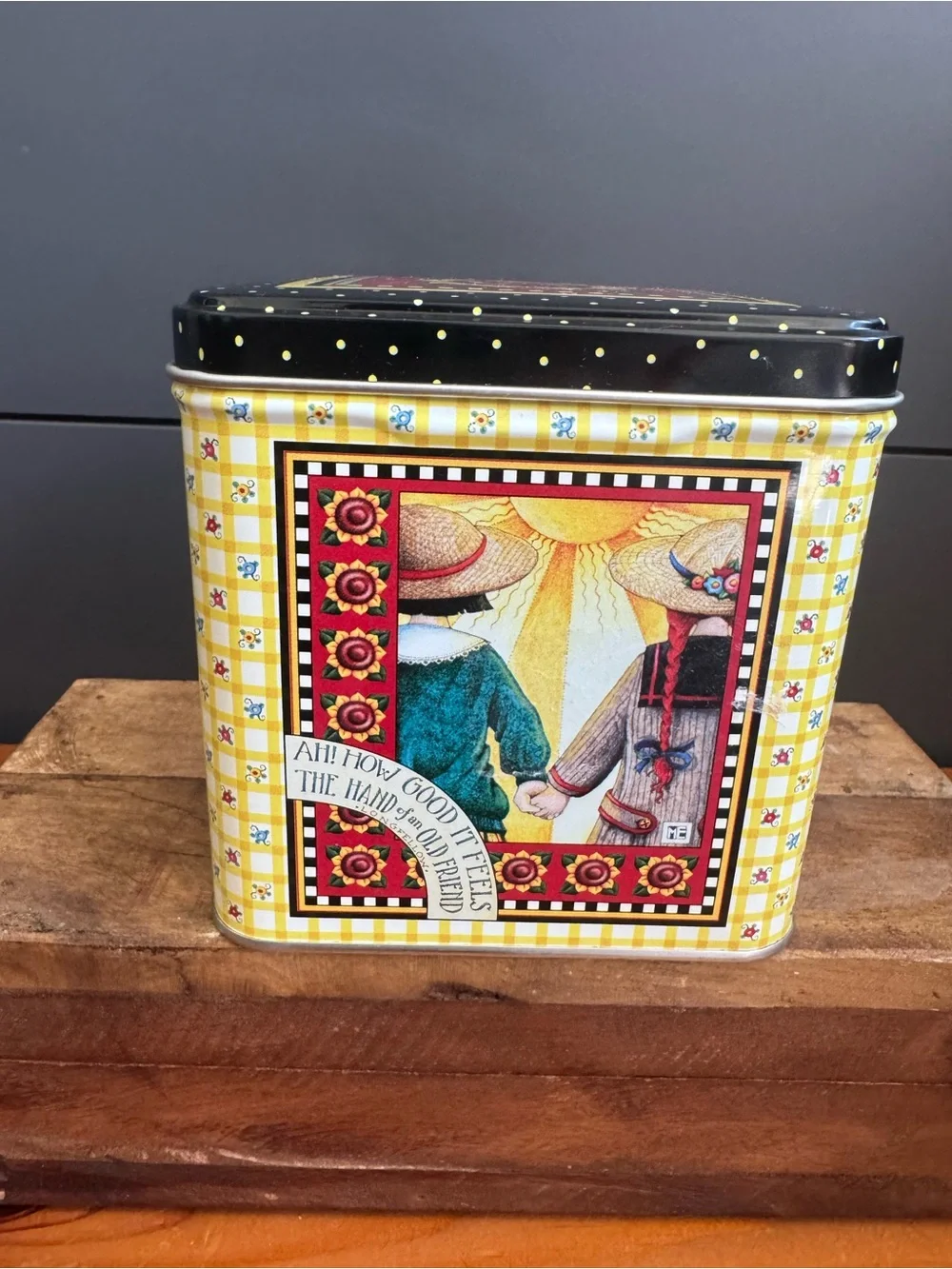 Vintage Mary Engelbreit Decorative Storage Tin Sunflower Friendship Whimsical